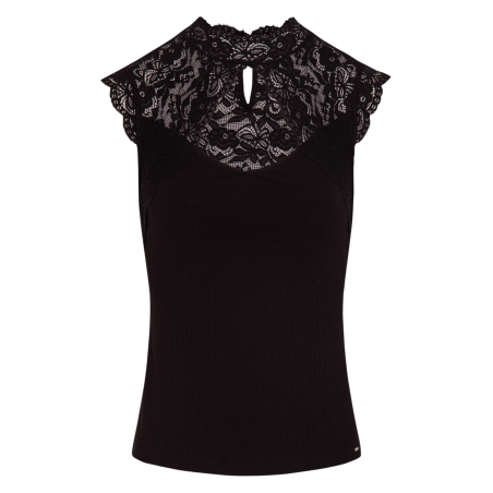 DOUAZ - Camiseta de encaje con cuello alto en negro