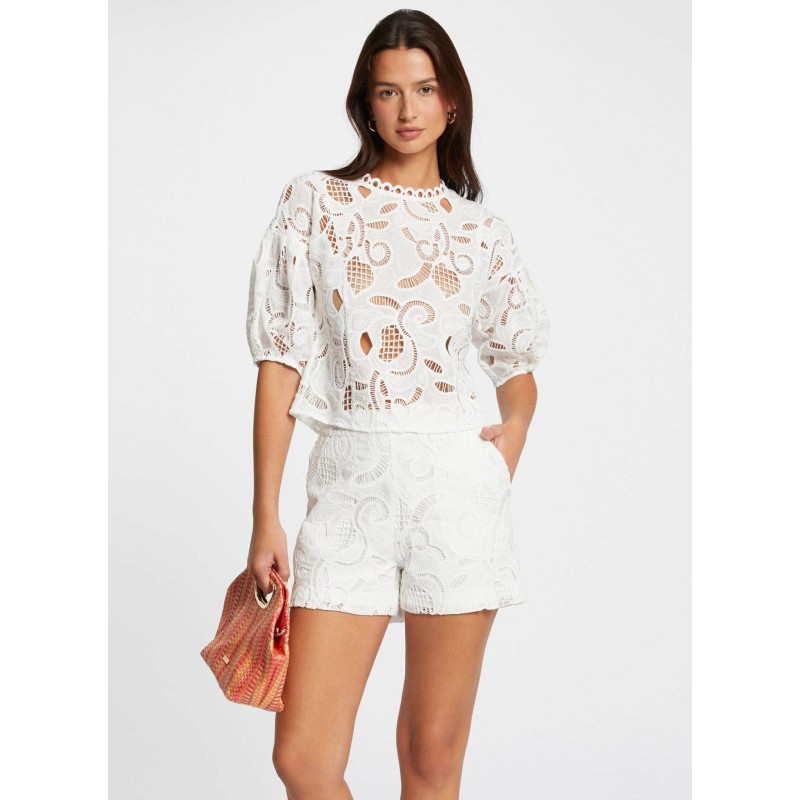 OCHIMIN - Blusa bordada de manga corta en blanco