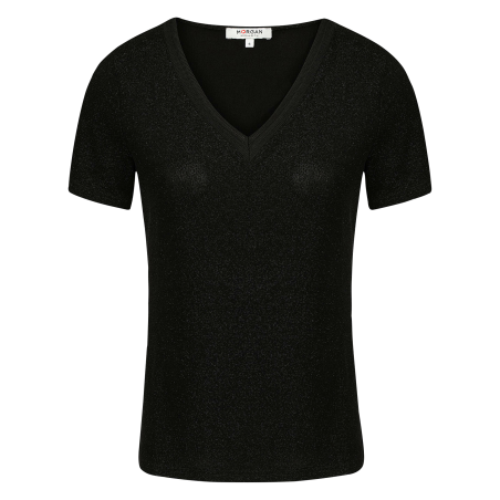 DIWI - Camiseta metalizada con cuello de pico en negro