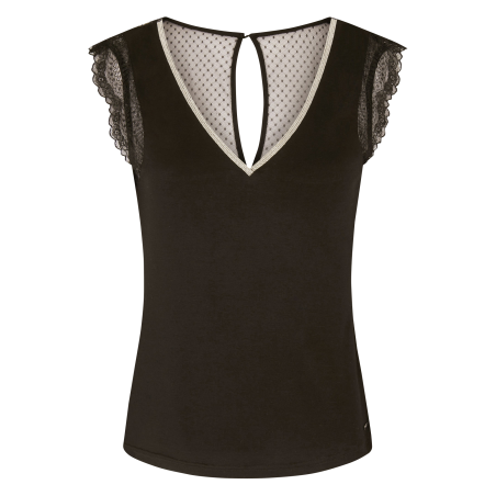 DOCHAN - Camiseta de encaje con cuello de pico en negro