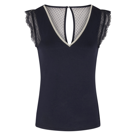 DOCHAN - Camiseta de encaje con cuello de pico en azul