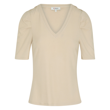 DOSTU - Camiseta de manga corta de canalé en beige