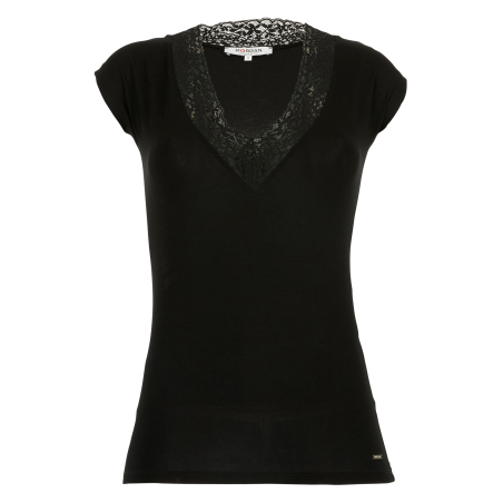 Camiseta de encaje con cuello de pico en negro