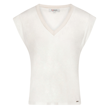 DAME - Camiseta de mezcla de lino con cuello de pico en blanco