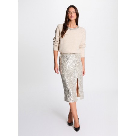 JESQUIA - Falda midi recta de lentejuelas en beige