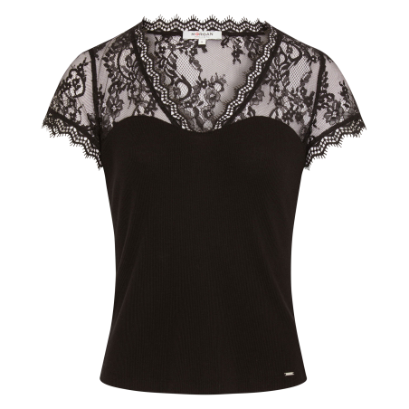 DLAMI - Camiseta de encaje con cuello de pico en negro