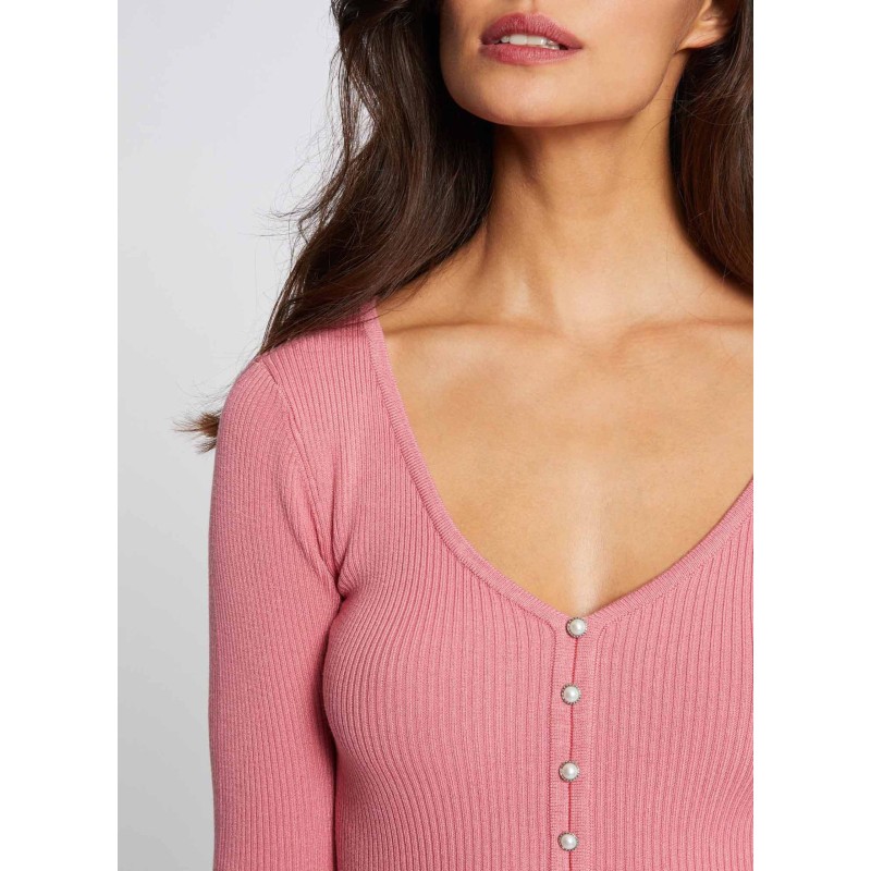 MFLORA - Jersey de punto de canalé con cuello de pico abotonado en rosa