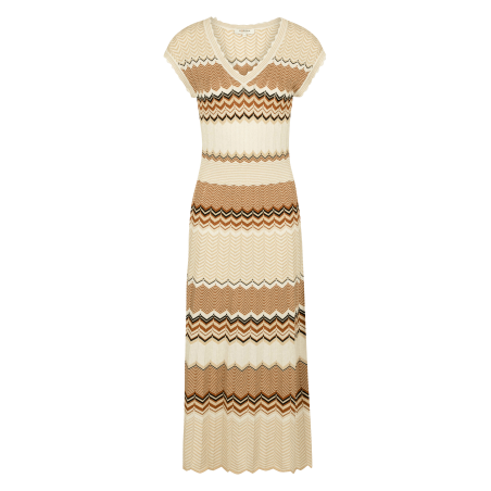 RMJINI - Vestido midi con cuello de pico y detalles gráficos en beige