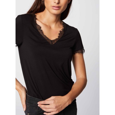 DMINOL.N - Camiseta con cuello de pico y aplique de encaje en negro