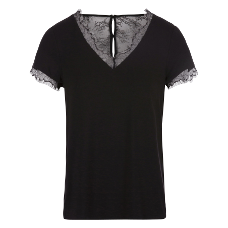 DMINOL.N - Camiseta con cuello de pico y aplique de encaje en negro