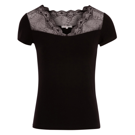 DCLARY.N - Camiseta con cuello de pico y aplique de encaje en negro