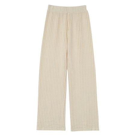 MORGANE - Pantalón acampanado de algodón elástico con detalles calados en beige